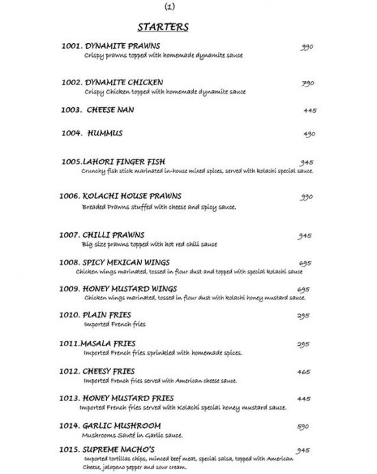 Kolachi Restaurant (Do Darya) Karachi Menu